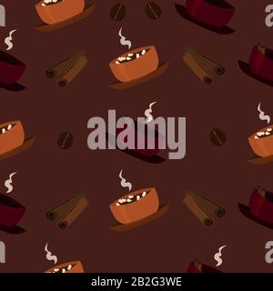 Muster aus Kaffee, Zimt, Marshmallows auf braunem Grund. Design eines Cafés, Cafés, Menüs, Banners. Stock Vektor