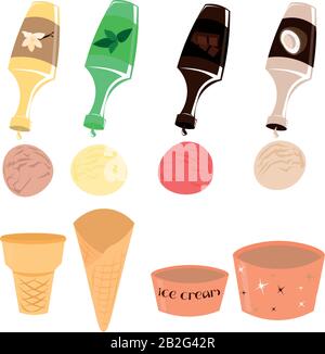 Eis- und Dessertzutaten. Sirupe, Beläge. Café-Design, Speisekarte. Stock Vektor