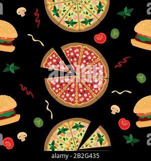 Vektor Fastfood-Muster. Pizza, Hamburger, Gemüse und Soßen auf schwarzem Grund. Stock Vektor
