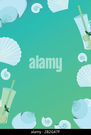 Mojito, blaue Schalen. Sommervektor-Postkarte. Design für Banner, Flyer, Poster, Grußkarte, Einladung. Stock Vektor