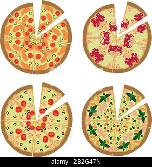 Set mit vier Pizzen mit weißer Soße. Menüdesign, Flyer, Café, fast Food, Food-Court. Logo für Pizzeria. Stock Vektor