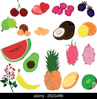 Set aus Früchten, Beeren, Nüssen. Sommerdesign. Stock Vektor