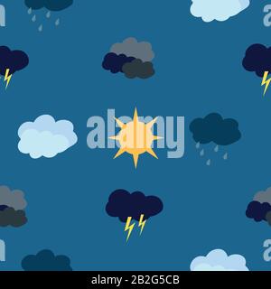 Wettermuster Regen, Wolken und Sonne. Design für Stoff, Bettwäsche, Kleidung, Tapete. Stock Vektor