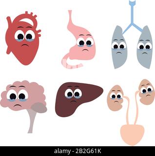 Organe des menschlichen Körpers im Cartoon-Stil. Herz, Gehirn, Atemwege, Verdauungssystem, Exkretorium. Tränen, Traurigkeit, Krankheit. Schlecht t Stock Vektor