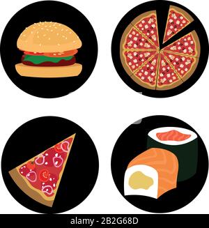 Fastfood-Logos. Burger, Pizza, Brötchen, Sushi. Lebensmittelsymbole auf schwarzem runder Hintergrund. Stock Vektor