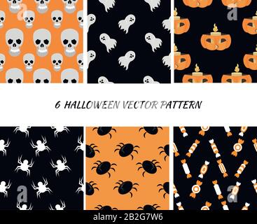 Setzen Sie das nahtlose Muster für Halloween. Kürbisse, Schädel, Süßigkeiten, Spinnen und Geister. Design für Einladungen, Karten, Hintergrundbilder, Geschenkpakete. Stock Vektor