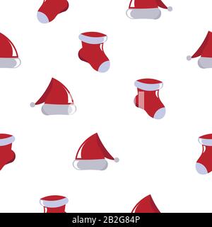 Muster für Neujahr und Weihnachten. Weihnachtsmann Accessoires, Hut und Socke für Geschenke. Stock Vektor