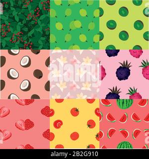 Satz Sommermuster. Beeren, Früchte und Blumen. Stock Vektor