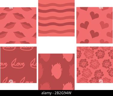 Satz rosafarbener Muster. Valentinstag. Liebe und Romantik. Design für Karten, Einladungen, Geschenke. Stock Vektor