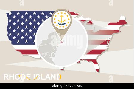 USA-Karte mit vergrößertem Rhode Island State. Flagge und Karte von Rhode Island. Stock Vektor