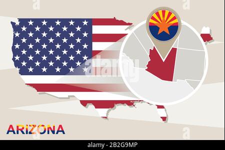 USA-Karte mit vergrößertem Arizona State. Flagge und Karte von Arizona. Stock Vektor