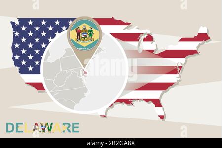 USA-Karte mit vergrößertem Delaware State. Delaware Flagge und Karte. Stock Vektor