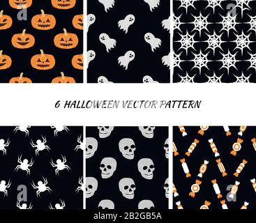 Setzen Sie das nahtlose Muster für Halloween. Kürbisse, Schädel, Süßigkeiten, Spinnen und Geister. Design für Einladungen, Karten, Hintergrundbilder, Geschenkpakete. Stock Vektor