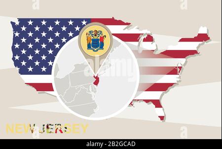 USA-Karte mit vergrößertem Staat New Jersey. Flagge und Karte von New Jersey. Stock Vektor