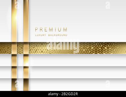 Vector Luxury Tech Hintergrund. Stapel aus weißem Papiermaterial mit goldenem Streifen und goldenem geometrischem Muster. Erstklassiges Hochzeitsdesign. Stock Vektor