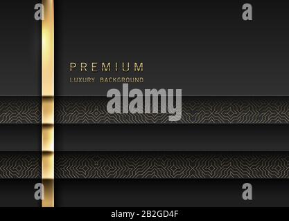 Vector Luxury Tech Hintergrund. Stapel aus schwarzer Papiermaterialschicht mit goldenem Streifen und goldenem geometrischem Muster. Erstklassiges Design. Stock Vektor