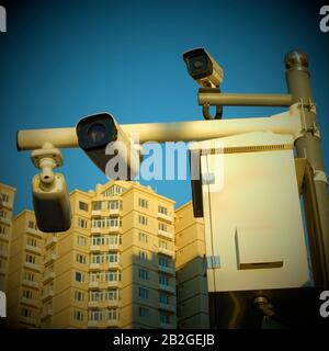 CCTV-Kameras in einem Wohnviertel in Peking, China. Stockfoto