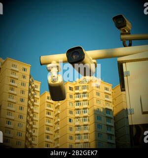 CCTV-Kameras in einem Wohnviertel in Peking, China. Stockfoto