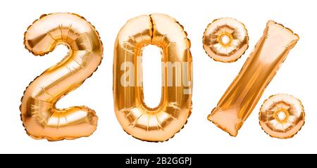 Golden Twenty Prozent Zeichen aus aufblasbaren Ballons isoliert auf weiß. Heliumballons, Goldfolienummern. Verkaufsdekoration, schwarzer freitag, Rabatt Stockfoto