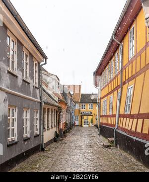 Hübsche, bunte Cottages in Aalborg, Dänemark, an einem schneereichen Wintertag. Stockfoto