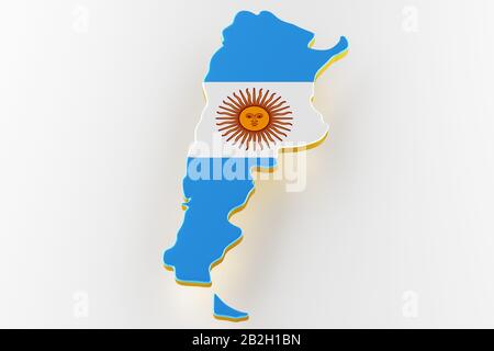 3D-Karte von Argentinien. Karte von Argentinien Landgrenze mit Flagge. Argentinien Karte auf weißem Hintergrund. 3D-Rendering Stockfoto