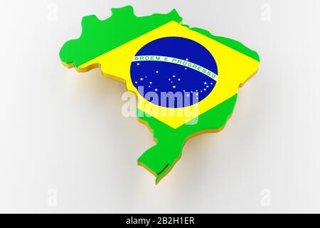 3D-Karte von Brasilien. Karte von Brasilien Landgrenze mit Flagge. Brasilien-Karte auf weißem Hintergrund. 3D-Rendering Stockfoto