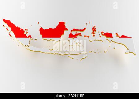 3D-Karte Indonesiens. Karte der indonesischen Landgrenze mit Flagge. Indonesien-Karte auf weißem Hintergrund. 3D-Rendering Stockfoto