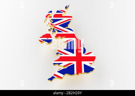 3D-Karte von Großbritannien. Karte von Großbritannien Landgrenze mit Flagge. Großbritannien Karte auf weißem Hintergrund. 3D-Rendering Stockfoto
