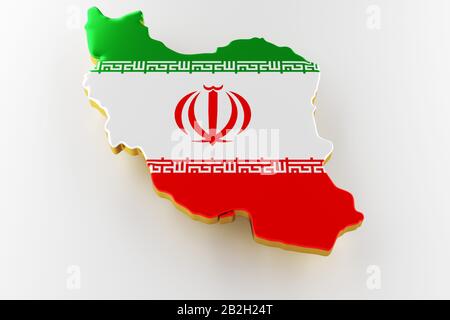 3D-Karte des Iran. Karte der iranischen Landgrenze mit Flagge. Iran-Karte auf weißem Hintergrund. 3D-Rendering Stockfoto