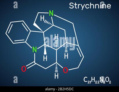 Strychnin, C21H22N2O2, Molekül. Es ist monoterpenoid Indol-Alkoid, stammt aus den Samen des Strychnos nux-vomica-Baumes. Wird zur Zerstörung von Nagetieren verwendet Stock Vektor