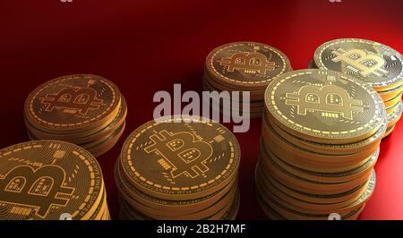 Viele gold bitcoins Festlegung auf eine reflektierende Oberfläche, 3D-Rendering Stockfoto