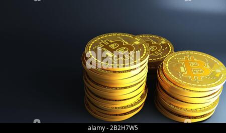 Viele gold bitcoins Festlegung auf eine reflektierende Oberfläche, 3D-Rendering Stockfoto