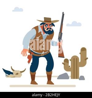 Großer Cowboy im alten wilden Westen auf weißem Hintergrund. Vector Flat Cartoon Illustration Stock Vektor