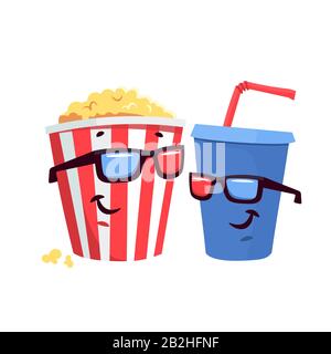 Cartoon Popcorn gestreifter Eimer mit Kunststoffbecher aus Limonade in 3D-Brille Stock Vektor