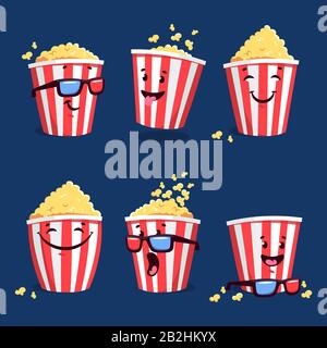 Cartoon Rot gestreifte Popcorn Box Emoticon Set Stock Vektor