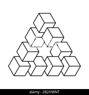 Reutersvard optische Täuschung, schwarze Umrisse. Unmögliches Objekt. Erstellt nach dem Konzept eines Penrose-Dreiecks, das mit schwarzen Konturen dargestellt ist. Ist Stockfoto