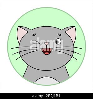 Cute Überraschte Katze, Runde Ikone, Emoji. Graue Katze Mit EINEM Whisker, Lächeln, Winken Mit Einem Auge. Vektorbild Isoliert Auf WEISSEM Hintergrund. Stock Vektor