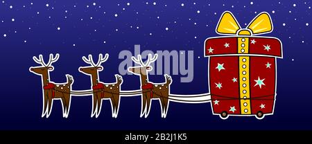 Weihnachtsdesere Mit Geschenkgutscheinen; Großes Geschenk. Wagen In Form eines Geschenks Auf Rädern. Ein Deer-Team Vor Dem Hintergrund Des Nachthimmels Falling Snow. Süßer Deer Stock Vektor