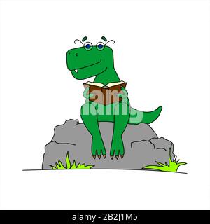 Dinosaurier Mit Brille, Die Ein Buch Liest. Cleverer Dinosaurier. Ein Tyrannosaurus In Einer Brille Sitzt auf einem Stein Mit einem Buch in seinen Pfoten. Vektorbild Isoliert auf einem W Stock Vektor