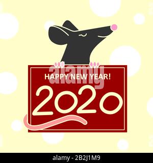 Eine Ratte Oder Maus Hält EIN Neujahr, Weihnachts-Poster Mit Glückwunsch, Mit Den Nummern 2020. Eine Süße Lächelnde Maus Oder Ratte. Flaches Vektorbild Auf EINEM Bac Stock Vektor