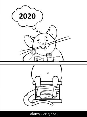 Ein Rat Sitzt In EINER Bar, Trinkt Wein, Isst Käse, Denkt An 2020. Cloud For Thought. Eine Niedliche Cartoon-Maus Sitzt Auf EINEM Gewindeschieber. Symbol Für 2020. Forts Stock Vektor