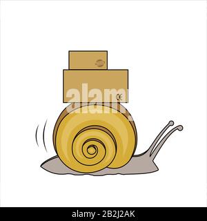 Schnecke Trägt EINEN Wagen Mit Kisten, Seitenansicht. Langsame Zustellung. Schilder auf Kartons. Symbol für Langsamkeit. Moderne flache Vektorgrafiken auf weißem Rücken Stock Vektor