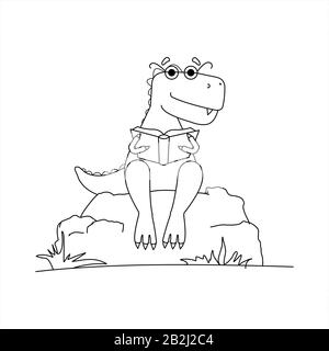 Contour Dinosaurier Mit Brille, Die Ein Buch Liest. Cleverer Dinosaurier. Ein Tyrannosaurus Mit EINEM Crest Auf dem Rücken und Einer Brille Sitzt auf einem Stein Mit einem Buch Stock Vektor