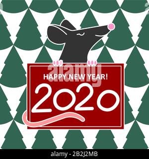 Eine Ratte Oder Maus Hält EIN Neujahr, Weihnachts-Poster Mit Glückwunsch, Mit Den Nummern 2020. Süße Lächelnde Ratte Oder Maus Auf Dem Hintergrund EINES Nahtlosen G Stock Vektor