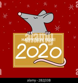 Eine Ratte Oder Maus Hält EIN Neujahr, Weihnachts-Poster Mit Glückwunsch, Mit Den Nummern 2020. Eine Süße Lächelnde Maus Oder Ratte. Flaches Vektorbild Auf ROT Stock Vektor