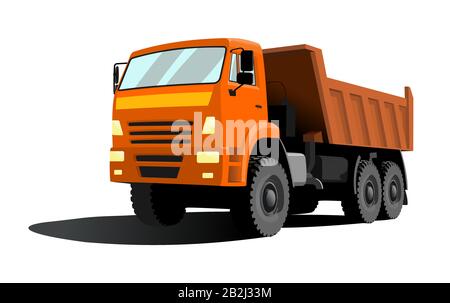 Großer Kippwagen mit orangefarbener Kabine und orangefarbenem Gehäuse. Dreiviertelansicht. Stock Vektor