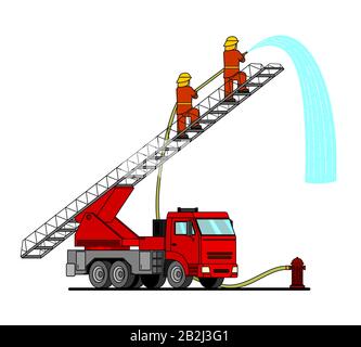 Cartoon-Feuerwehrwagen mit einer Autoleiter. Feuerwehrleute stehen auf der Treppe und gießen etwas von einem Feuerwehrschlauch. Flache Vektordarstellung eines Wasserengins Stock Vektor