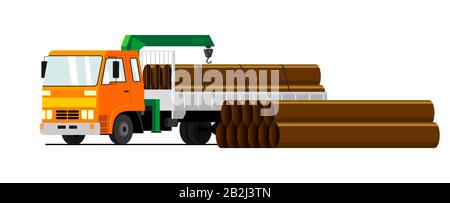 LKW-Kran. Moderner mobiler hydraulischer Fahrzeugkran für den Transport von Waren auf weißem Hintergrund. Vector-Truck-Kran mit orangefarbenen Kabinenlasten c Stock Vektor