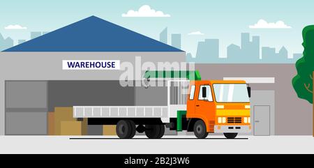 LKW-Kran. Moderner mobiler hydraulischer Fahrzeugkran zum Transport von Waren vor dem Hintergrund eines Lagers. Vector LKW-Kran mit oder Stock Vektor
