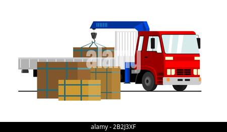 LKW-Kran. Moderner mobiler hydraulischer Fahrzeugkran für den Transport von Waren auf weißem Hintergrund. Vector-Truck-Kran mit roter Kabine lädt karg Stock Vektor